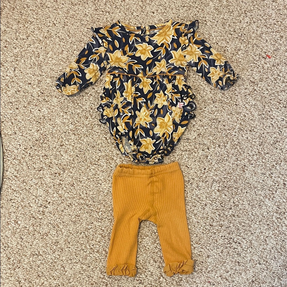 Ruffle Butts Navy Floral Romper and Mustard Leggings